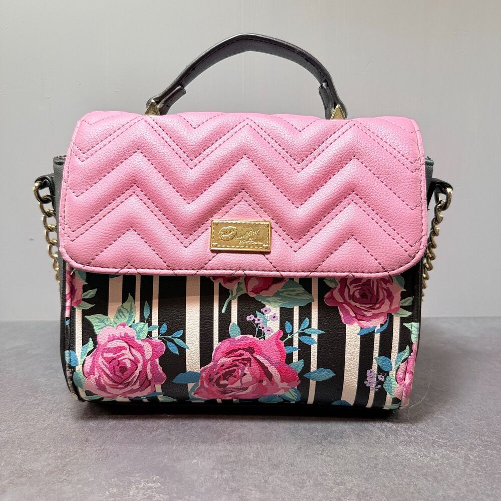 Love Betsey by Betsey Johnson Floral Stripe Crossbody Satchel Pink Chevon Handle